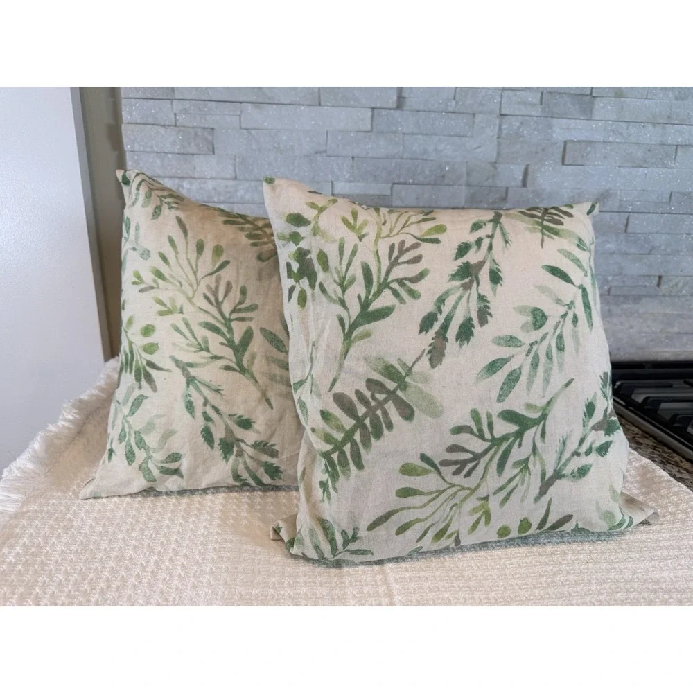 Charvet Editions 100% Linen Throw Pillows Pair 16x16 Botanical Made In France
